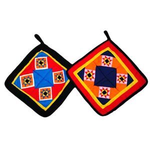 1970s Handmade Quilted Pot Holders Pair, Folk Art Patchwork